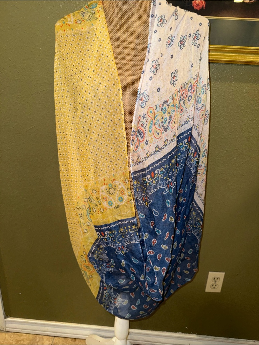 Boho Patchwork infinity Scarf in Yellow, White & Navy